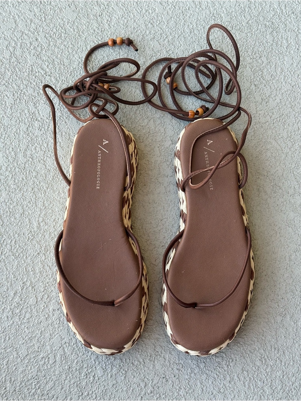 Anthropologie Platform Woven Raffia & Leather Lace Up Sandals Sz 40 US 9.5 Brown - Picture 5 of 14